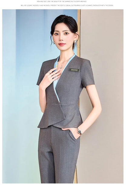Fashionable professional women's clothing, high-quality short-sleeved suit jacket + pants set, slim and comfortable