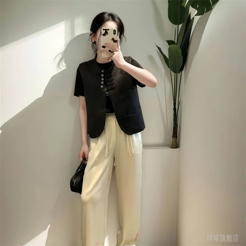New Chinese Style Buckle Vest Coat For Women New Spring Autumn O-Neck Embroidery Sleeveless Jacket Fashion Jacquard Waistcoat