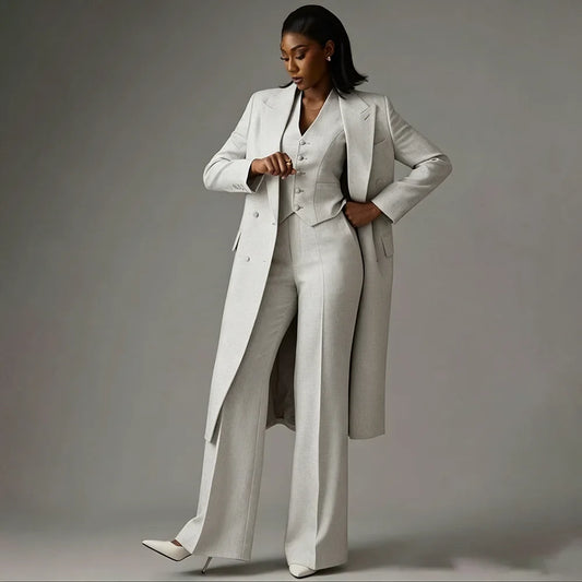 Glamorous Women Light Grey 3 Piece Suit Long Blazer Vest Wide Leg Pants Set Luxury Formal Business Wedding Female Power Outfit