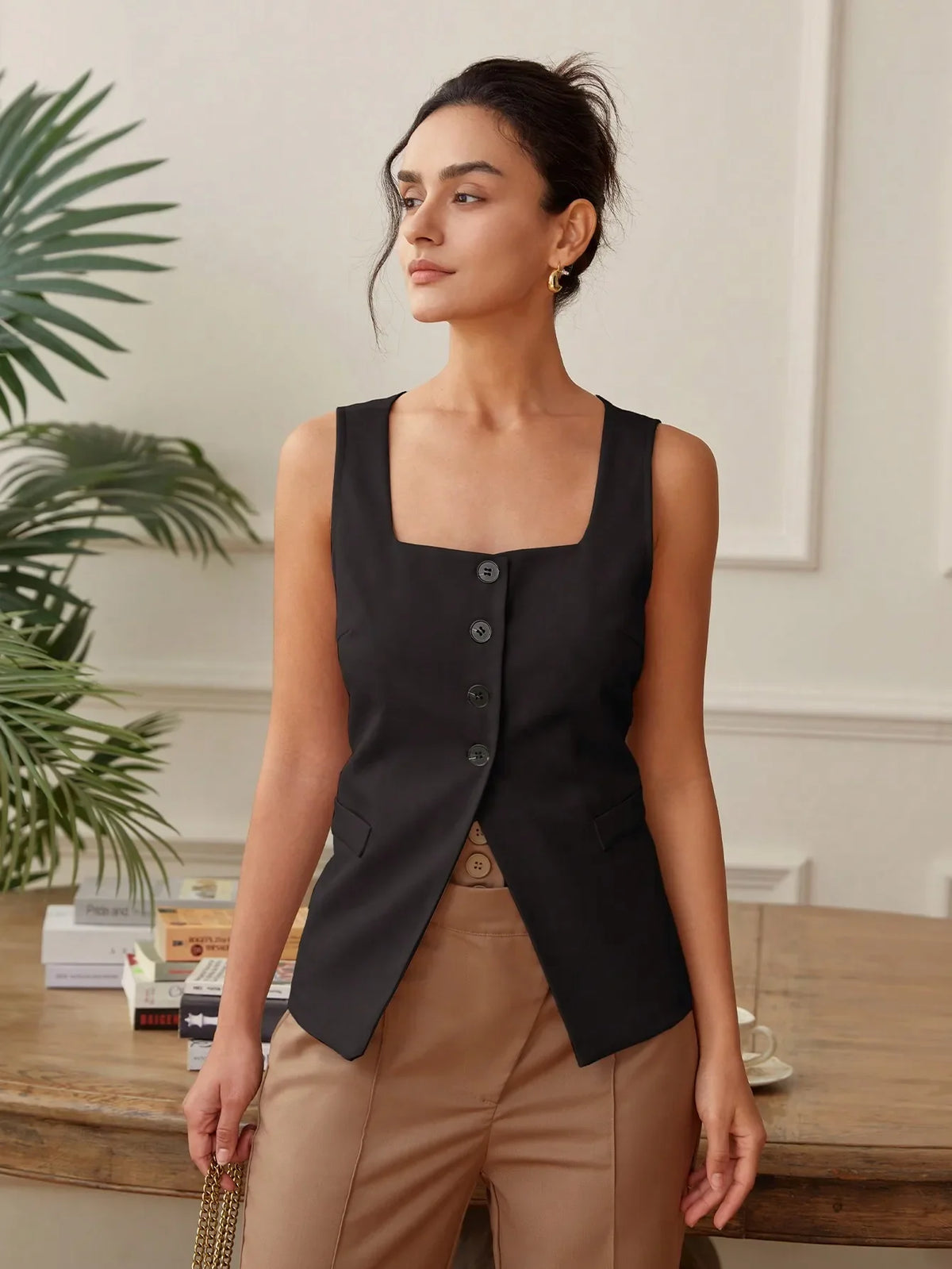 Summer temperament commuter vest vest solid color waistband square collar wide shoulder waistcoat