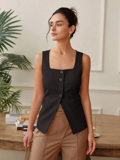 Summer temperament commuter vest vest solid color waistband square collar wide shoulder waistcoat