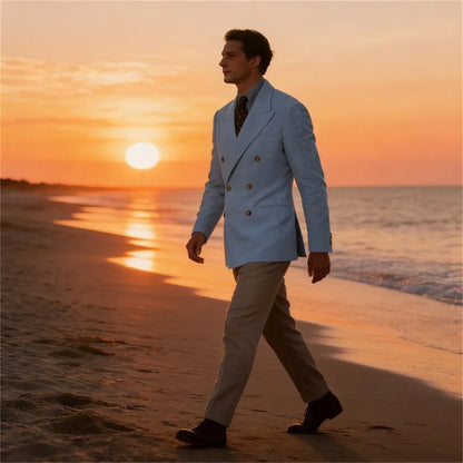 Men Linen Blazer Double Breasted Jacket Lightweight Soft Slim Coat For Business Wedding Casual Daily Party Vacation Dating