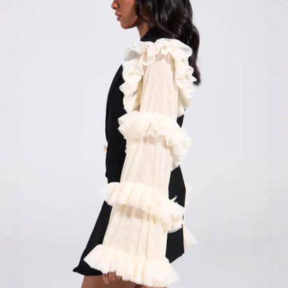Spring Autumn New Women Blazer Double Breasted Ruffled Long Sleeve Patchwork Slim Fit Elegant Fashion Trendy Jacket HK13405