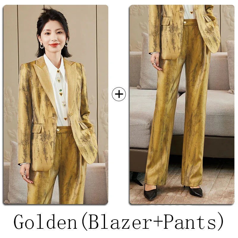 Women Golden Black Formal Pant Suit Autumn Female Tie-dye Blazer and Trouser 2 Piece Set For Office Ladies Winter Work Wear