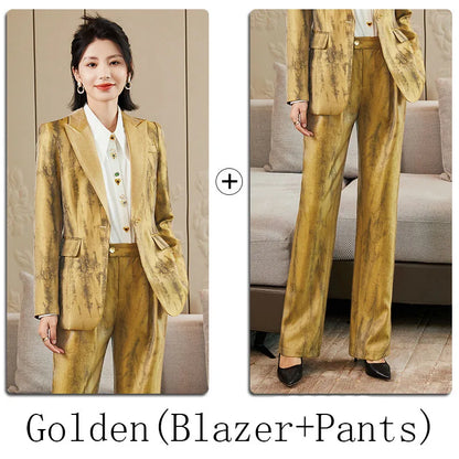 Women Golden Black Formal Pant Suit Autumn Female Tie-dye Blazer and Trouser 2 Piece Set For Office Ladies Winter Work Wear