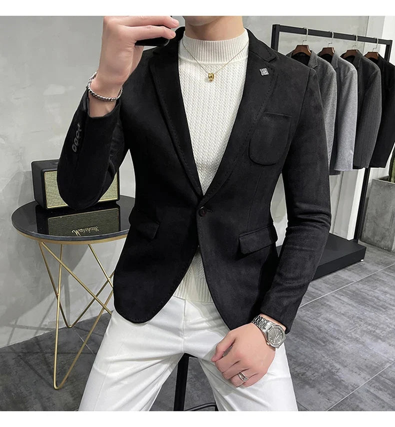 2023 Spring Suede Suit Jacket Men Casual Business Slim Fit Blazer Deerskin Leather Jacket Men Wedding Street Wear Social Coat