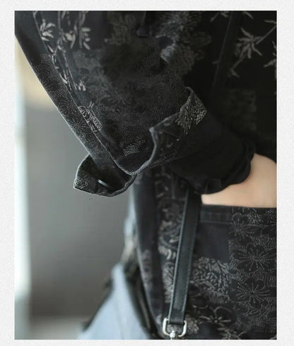 Women's Retro Chinese Style Denim Jacket Bamboo Flower Print Casual Loose Single Breasted Jean Blazer Women Vintage Outerwear