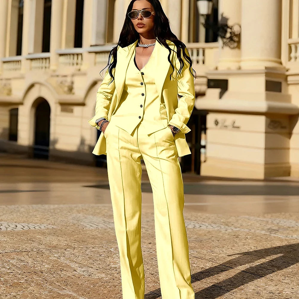 Light Blue 3 Piece Suit Set New Women's Jackets Single Breasted Peaked Lapel Blazer+Vest+Pants Formal Office Commute Outfit