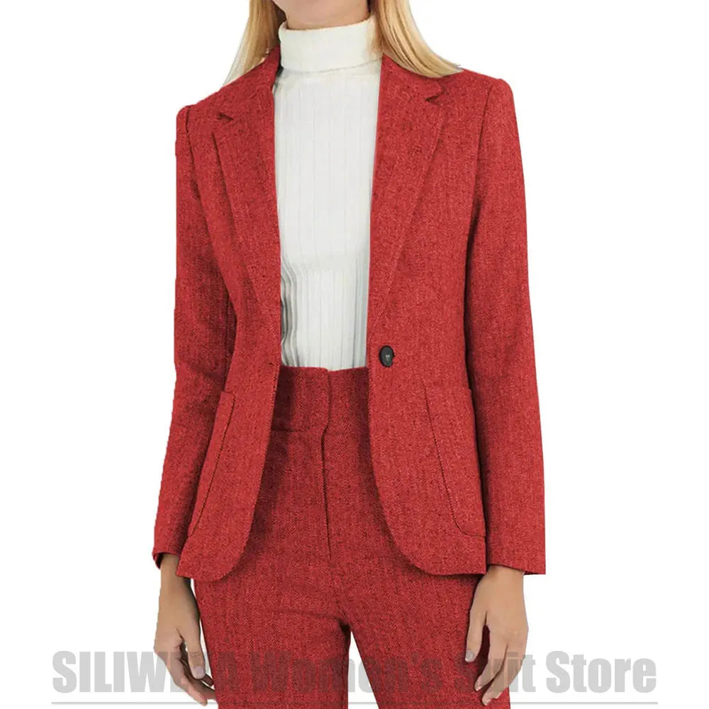 Fashion Herringbone Women's Suit One Button Wool Blend Blazer and Pants Set Formal Office Two Piece Stylish Daily Casual Suits