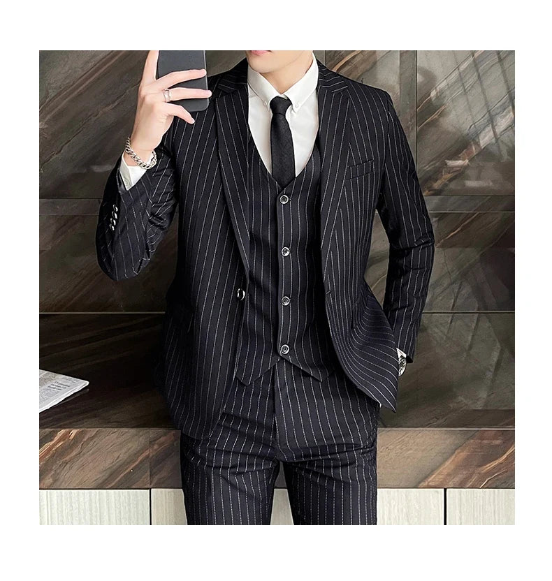 2024 Slim Fit Striped Three-Piece Business Suit Vest Trousers Set Korean Fashion Trend Handsome Wedding Outfit