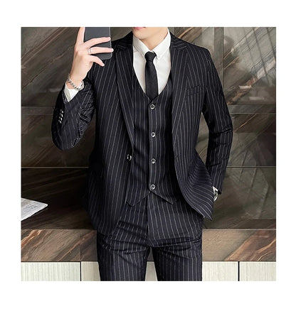 2024 Slim Fit Striped Three-Piece Business Suit Vest Trousers Set Korean Fashion Trend Handsome Wedding Outfit