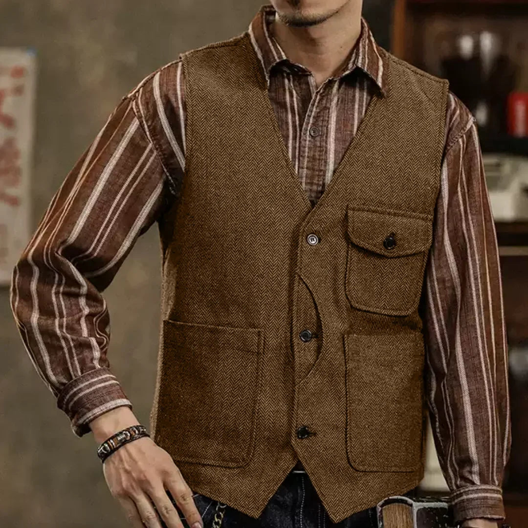 Men's Herringbone Suit Vest – Single Button Waistcoat for Wedding & Business