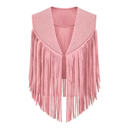 Women's Faux Suede Tassels Vest Waistcoat Western Cowgirl Hippie Costume Sleeveless Fringed Waistcoat for Halloween Party Outfit