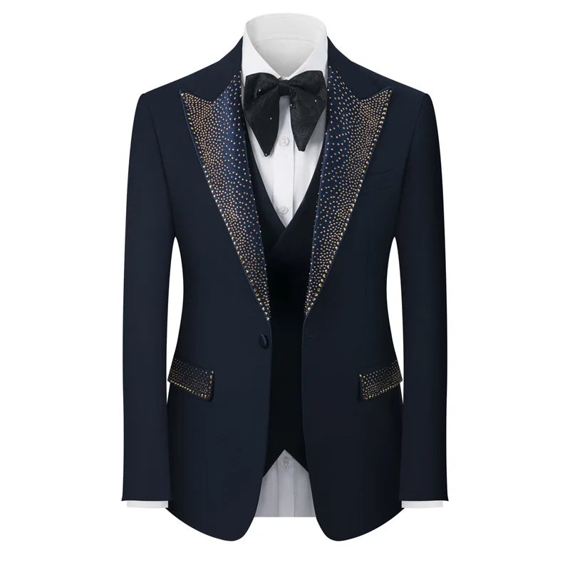 Rhinestone Lapel 3 Piece Suit Set (vest+Blazer+Trousers) Business Formal Casual Suits Wedding Groom Party Stage Men's Suit M-5XL