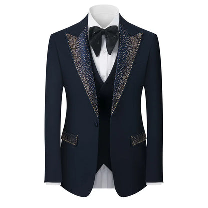 Rhinestone Lapel 3 Piece Suit Set (vest+Blazer+Trousers) Business Formal Casual Suits Wedding Groom Party Stage Men's Suit M-5XL