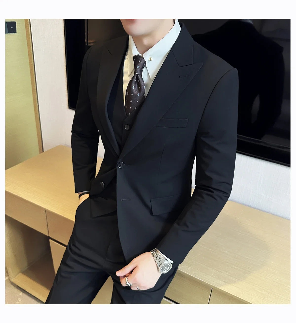 (Jacket + Vest + Pant) Men's Formal Slim Fit Business Work Wedding Stage Tuxedo Fashion Best Men Social Dress Suit 3 Pieces Set