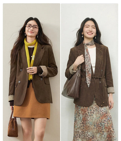 Women's Suede Casual Blazer Notched Lapel Loose Mid Length Outerwear 2026 Autumn New Brown Ladies Coat W63XC8300