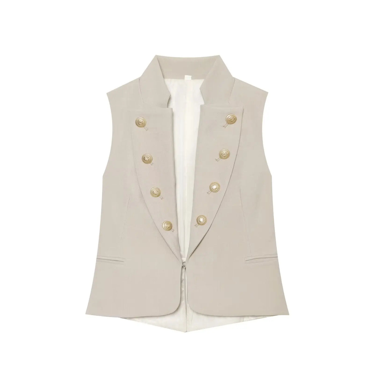 2026 Elegant Office Women Sleeveless Waistcoat Lapel Double Breasted Metal Gold Button Flap Pockets Slim Business Suit Vest