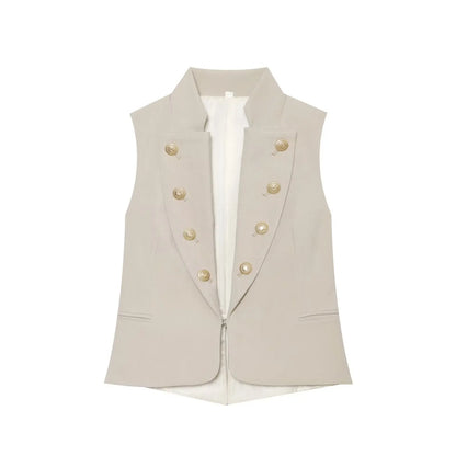 2026 Elegant Office Women Sleeveless Waistcoat Lapel Double Breasted Metal Gold Button Flap Pockets Slim Business Suit Vest