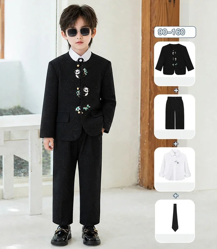 90-160 Kids New Chinese Tang Suit Hanfu Embroidery Suit Flower Boys Host Recitation Performance Costume