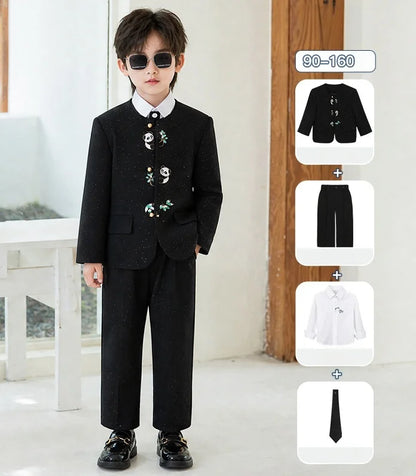 90-160 Kids New Chinese Tang Suit Hanfu Embroidery Suit Flower Boys Host Recitation Performance Costume