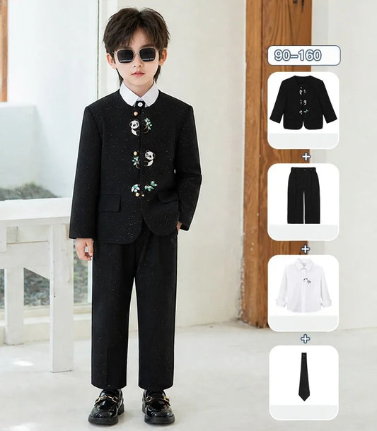 90-160 Kids New Chinese Tang Suit Hanfu Embroidery Suit Flower Boys Host Recitation Performance Costume