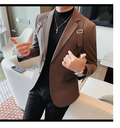 2024 Autumn Winter New Strap Decoration Suit Jacket for Men Fashion Slim Casual Business Blazers Groom Wedding Social Tailcoat