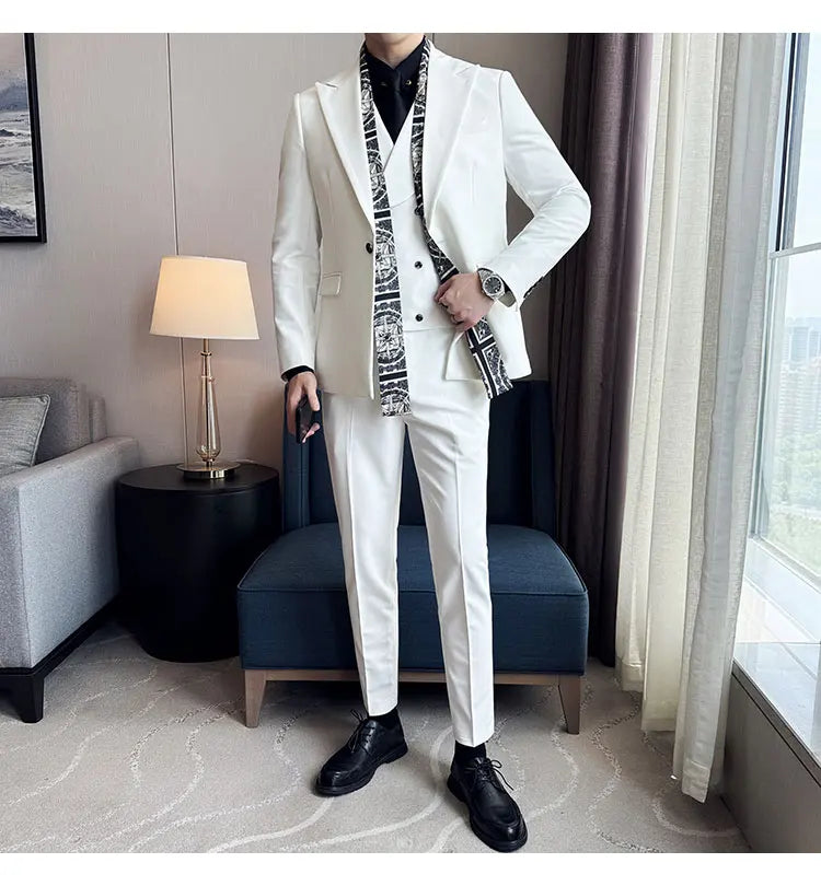 Double Collar Suit Set 3 Pieces Business Formal Casual Suits Vest Trousers Office Work Party Prom Wedding Groomsmen Clothing