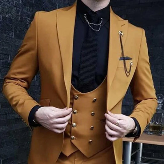 Business Casual Slim Fit Brown Men Suits Fashion Jacket  Peak Lapel Wedding Tuxedo 3 Pieces Suit  Set (Blazer+Vest+Pants)