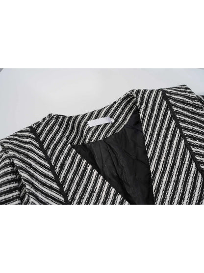 Women's Zebra Stripes Blazer Jacket Vintage Long Sleeve Outerwear Black Gothic Woolen Suit Coat Harajuku Y2k 2000s Clothes Autum