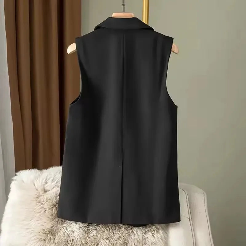 Fashion Suit Vests Women Simple Double Breasted V-neck Sleeveless Jacket 2025 New Korean Slim All-match Waistcoat Daily Outwear