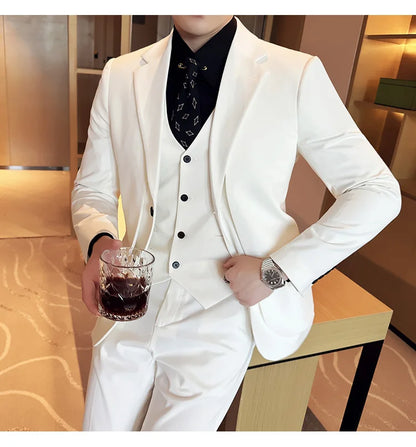 British Style Fake Two-piece Suit Set Men's Wedding Groom Dress 3 Piece Set Suit Vest Trousers Slim Office Business Casual Suits