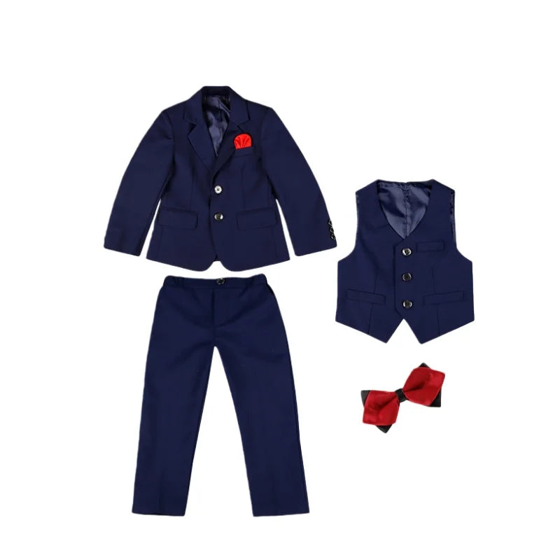 Boys 4Pieces Slim Fit Wedding Birthday Party Outfit Suit Set With Blazer Vest Pants Bowtie Kids Piano Host Performance Costume