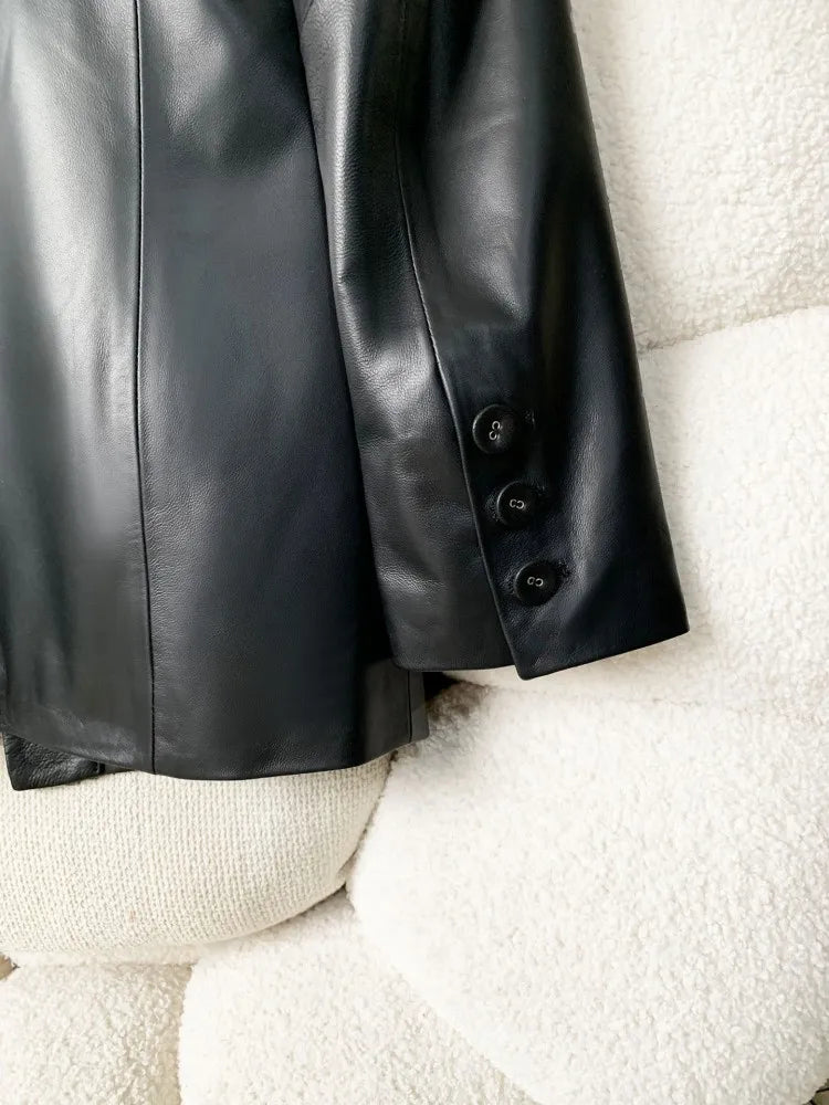High Quality Women Single Breasted Genuine Leather Suit Jacket Fashion Office Lady Lapel Collar Slim Fit Sheepskin Blazers
