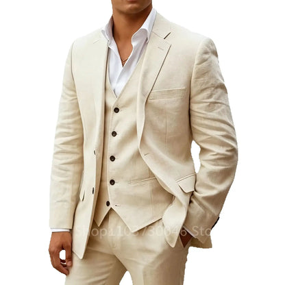 Costume 3 pièces en lin bleu pour homme, coupe ajustée, revers cranté, blazer deux boutons, gilet et pantalon, ensemble d'été décontracté pour le travail ou un mariage