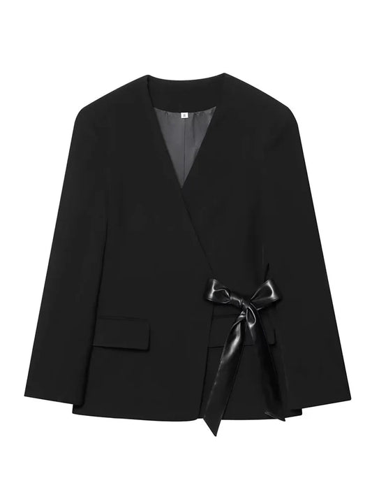 Woman Fashion Autumn V Collar Shoulders Pocket Long Sleeves Ribbon Bow Decoration Blazer Female Casual Elegant Slim Fit Suit