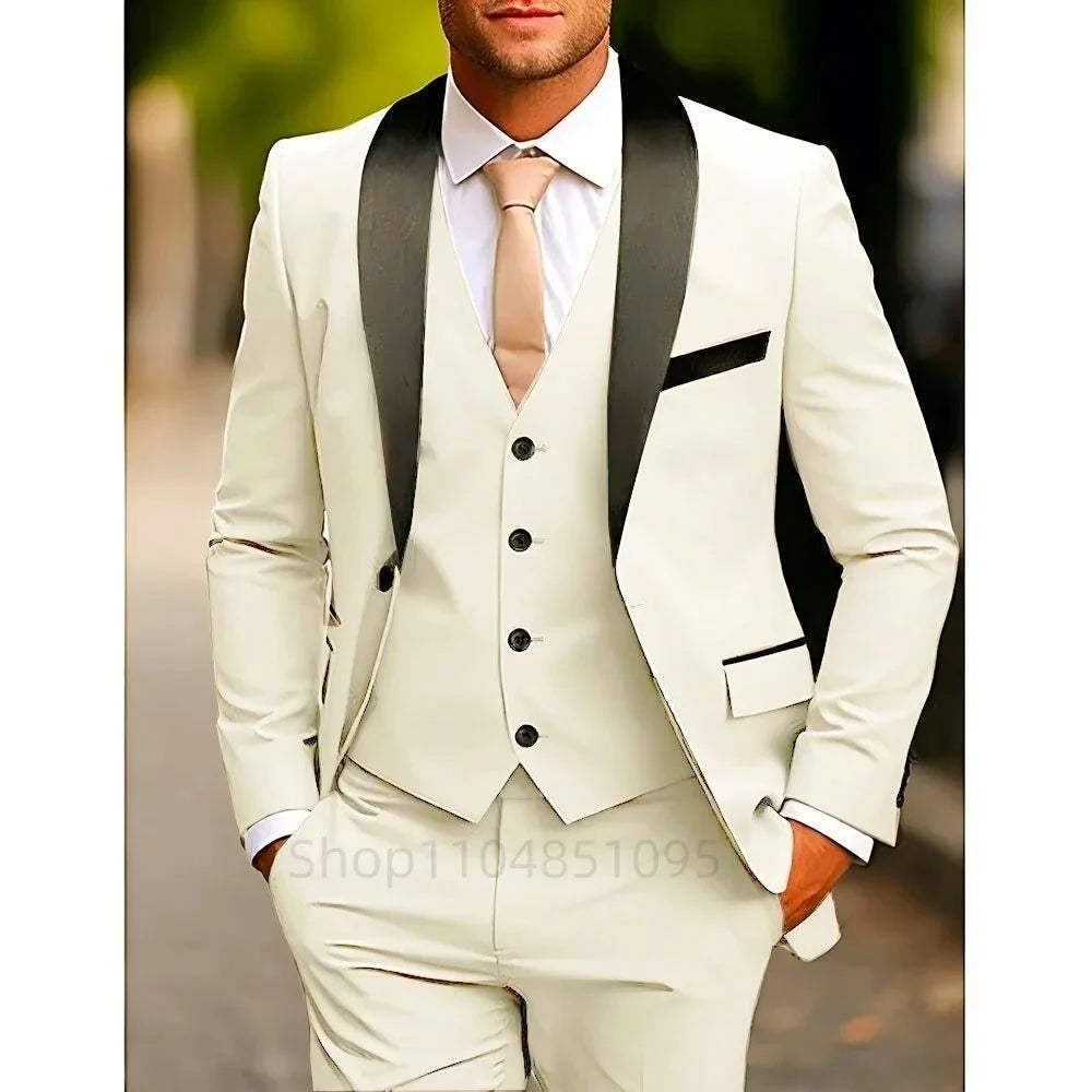 Classic Fitted Men's 3-Pieces Tuxedo Smoking Suit with Unique Lapel Single Breasted Blazer Vest Pant Set