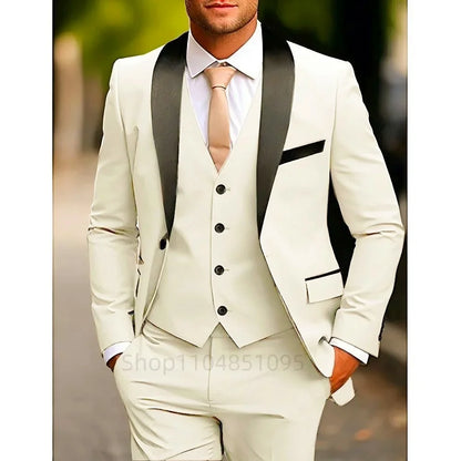 Classic Fitted Men's 3-Pieces Tuxedo Smoking Suit with Unique Lapel Single Breasted Blazer Vest Pant Set