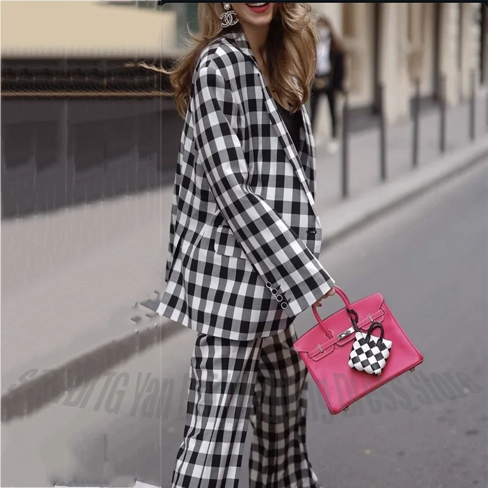 Black White Plaid 2 Pieces Women Suit Straight Fit Single Breasted Fashion Street Style Casual Office Daily Female Blazer Set