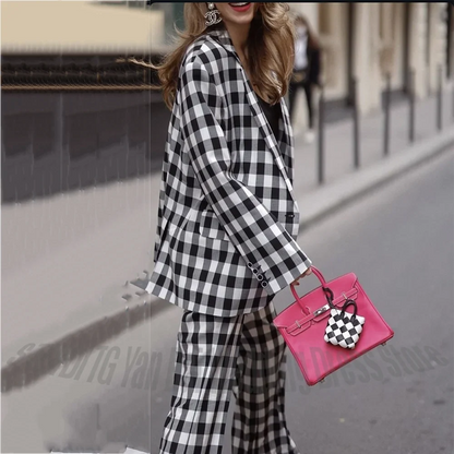 Black White Plaid 2 Pieces Women Suit Straight Fit Single Breasted Fashion Street Style Casual Office Daily Female Blazer Set
