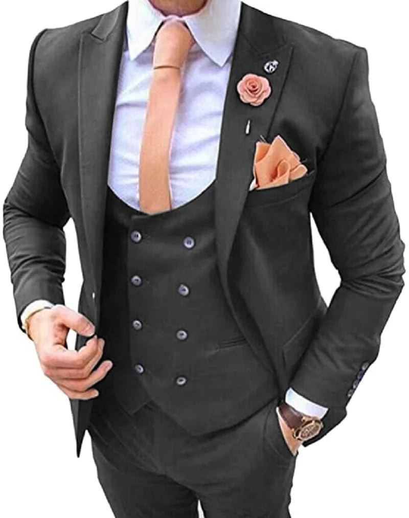 Navy Blue Men's Suits 3 Pcs Costume Homme Wedding Tuxedos Groom Wear Groomsman Prom Party Slim Fit Business Jacket+Vest+ Pants