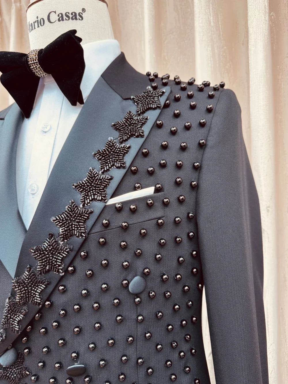 2-Pieces Men's Black Beaded Suits Wedding Groom Sets High Quality Double Breasted Suit Set Host Costumes Handsome Party Tuxedo