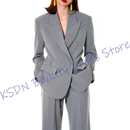 Minimalist Grey Women's Oversized Suit Relaxed Fit Jacket+Pants Two-Piece Set Office Lady Blazer Daily Casual Outerwears
