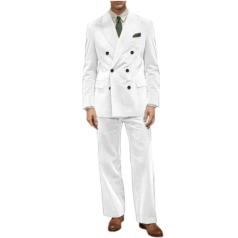 Men's Corduroy Suit 2 Piece Retro Double Breasted Peak Lapel Blazer Straight Leg Pants Formal Set Business Casual Wedding Party