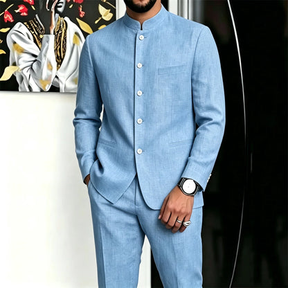 Chinese Suit for Men 2 Piece Suits Slim Fit Chinese Tunic Suits Stand Collar Weddig Prom Suit Blazer Pants Set Outfit