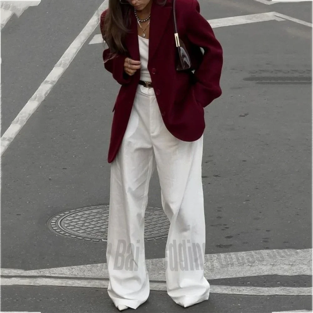 High Street Casual Women Suit Two Pieces Straight Chic Notch Lapel Single Breasted Blazer Set Office Work Daily Fashion Suit
