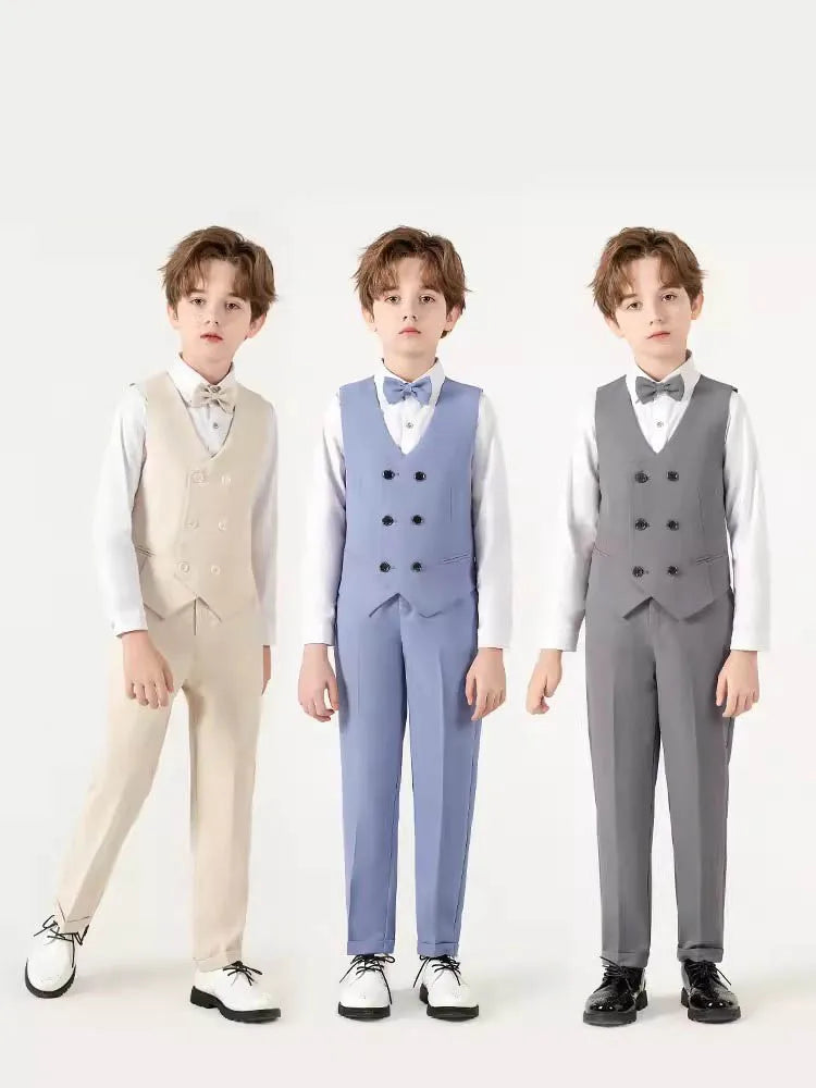 Gentleman Kids Beige Jacket Vest Pants Bowtie Brooch Photograph Suit Children Piano Dress Boys Easter Host Performance Costume
