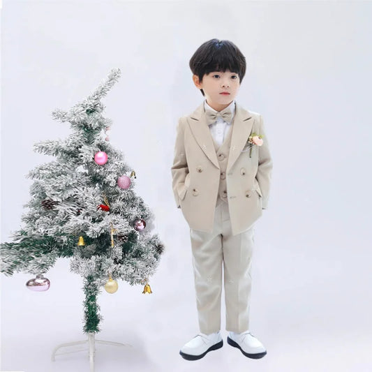 Gentleman Boys Suit Set Kids 5Pieces Wedding Outfit With Jacket Vest Pants Bowtie Brooch Children's Piano Performance Blazer Set