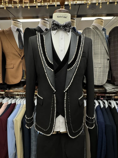 New Arrival Suit Set 3 Pieces For Man Banquet Dancing Wear Stylish Gorgeous Beaded Peak Lapel Men's Suits Wedding Groom Sets
