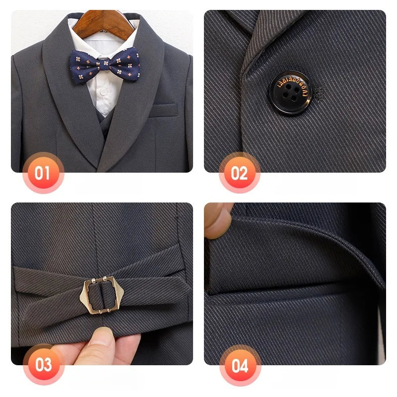 Kids Spring Autumn 5Pieces Balzer Set With Jacket Vest Pants Bowtie Brooch Boys Formal Wedding Birthday Party Suit